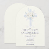 First Holy Communion, Blue Floral Cross Arched 招待状 (正面/裏面)