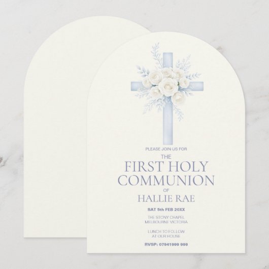 First Holy Communion, Blue Floral Cross Arched 招待状 (正面/裏面)