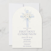 First Holy Communion, Blue Floral Cross Arched 招待状 (正面)