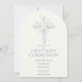 First Holy Communion, Blue Floral Cross Arched 招待状