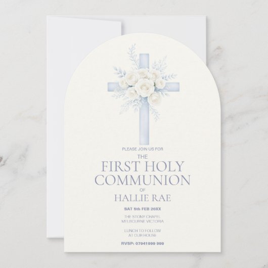 First Holy Communion, Blue Floral Cross Arched 招待状 (正面)