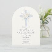 First Holy Communion, Blue Floral Cross Arched 招待状 (スタンド正面)