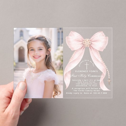 First Holy Communion Blush Pink Bow Christian アクリル招待状 (インサイチュ (ポータブル))