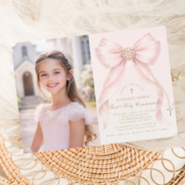 First Holy Communion Blush Pink Bow Christian 招待状