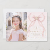 First Holy Communion Blush Pink Bow Christian 招待状 (正面)