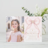 First Holy Communion Blush Pink Bow Christian 招待状 (スタンド正面)