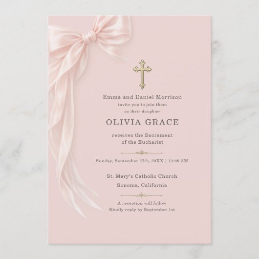 First Holy Communion Blush Pink Bow Girl  招待状 (正面)