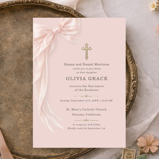 First Holy Communion Blush Pink Bow Girl  招待状