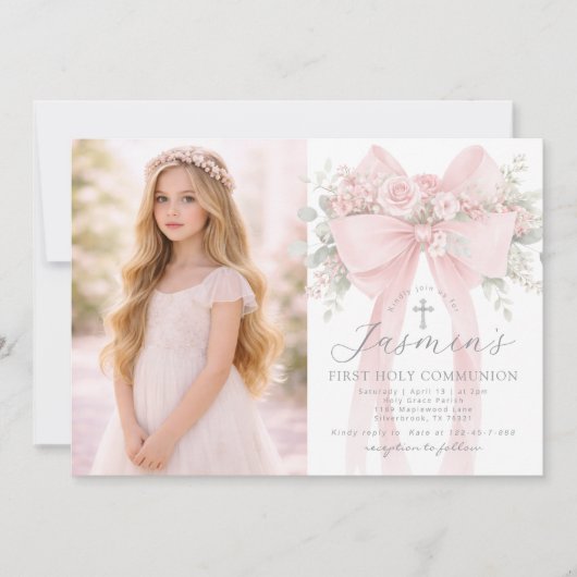 First Holy Communion Blush Pink Bow Photo 招待状 (正面)