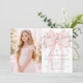 First Holy Communion Blush Pink Bow Photo 招待状 (スタンド正面)