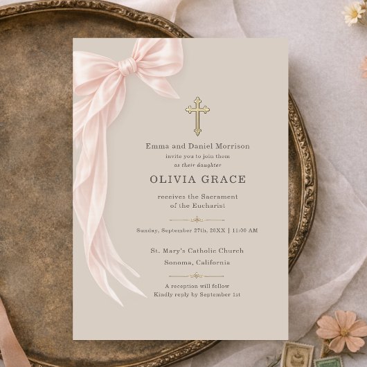 First Holy Communion Bow Girl Taupe 招待状