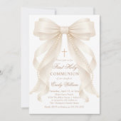 First Holy Communion Bow Pearls Invitation 招待状 (正面)