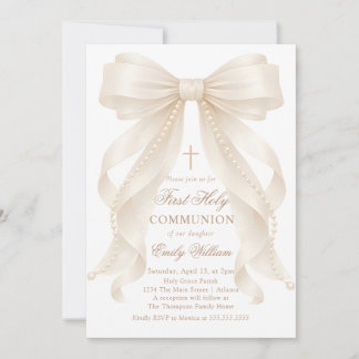 First Holy Communion Bow Pearls Invitation 招待状