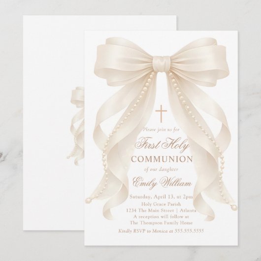 First Holy Communion Bow Pearls Invitation 招待状 (正面/裏面)