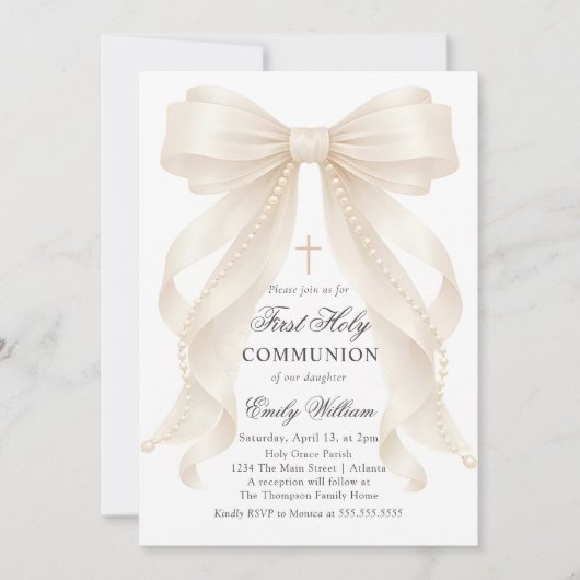 First Holy Communion Bow Pearls Invitation 招待状 (正面)