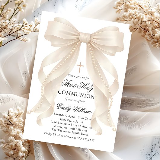First Holy Communion Bow Pearls Invitation 招待状