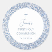 First Holy Communion Boy Blue White Floral Pattern ラウンドシール (正面)