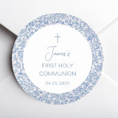 First Holy Communion Boy Blue White Floral Pattern ラウンドシール