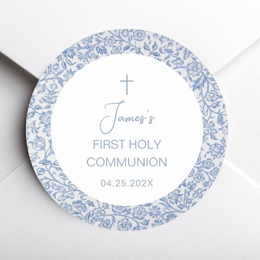 First Holy Communion Boy Blue White Floral Pattern ラウンドシール