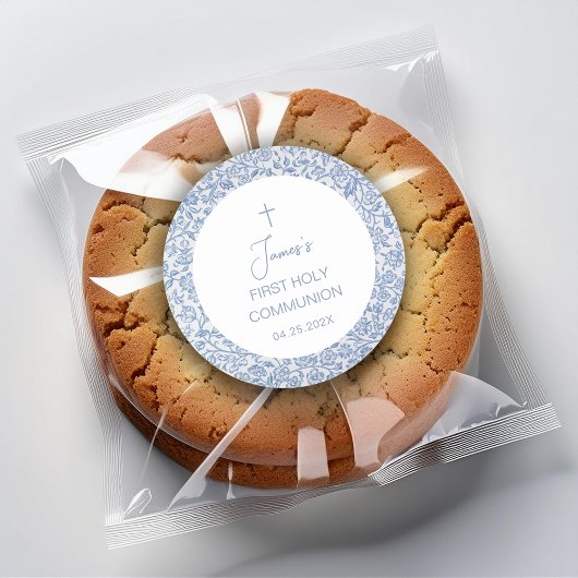 First Holy Communion Boy Blue White Floral Pattern ラウンドシール