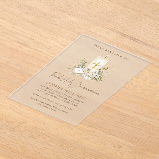 First Holy Communion Candle Bible Greenery アクリル招待状 (レイダウン)