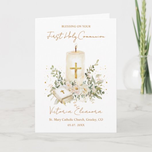 First Holy Communion Candle Bible Greenery Leaves カード (正面)