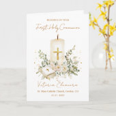 First Holy Communion Candle Bible Greenery Leaves カード (黄色い花)