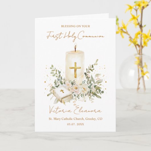 First Holy Communion Candle Bible Greenery Leaves カード (黄色い花)