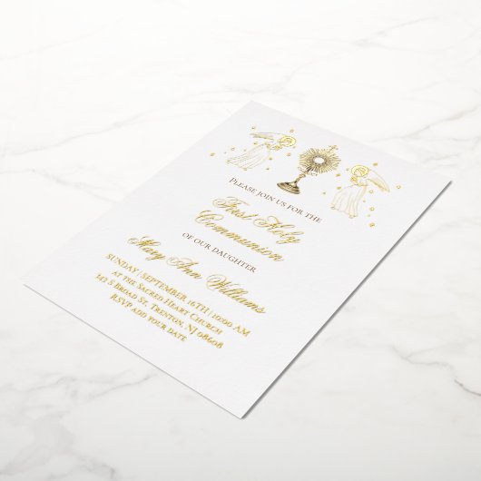 First Holy Communion catholic angels Eucharist 箔招待状 (回転した状態)