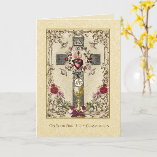 First Holy Communion Catholic Traditional カード (黄色い花)