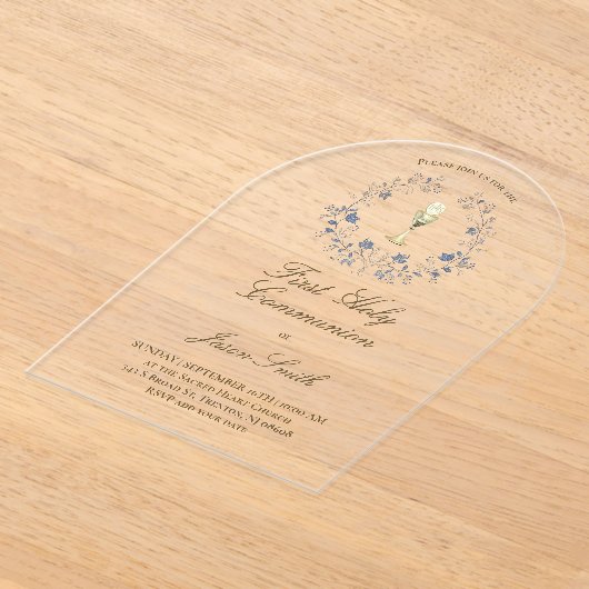First Holy Communion chalice blue foliage アクリル招待状 (レイダウン)