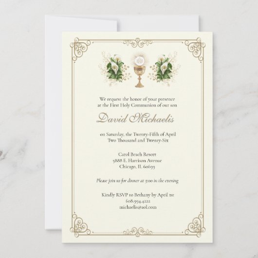 First Holy Communion Chalice Eucharist Calla Lily 招待状 (裏面)