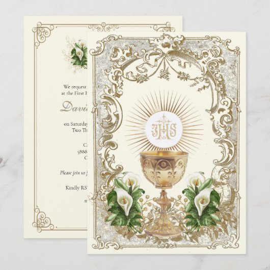 First Holy Communion Chalice Eucharist Calla Lily 招待状 (正面/裏面)