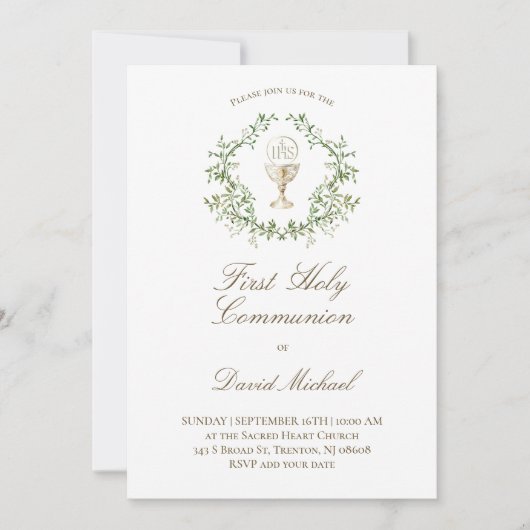 First Holy Communion chalice greenery crest 招待状 (正面)