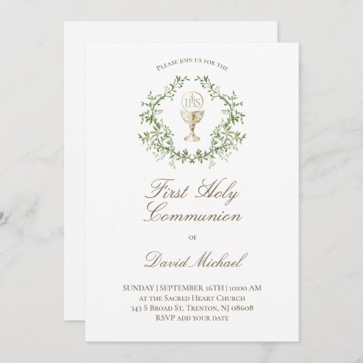 First Holy Communion chalice greenery crest 招待状 (正面/裏面)