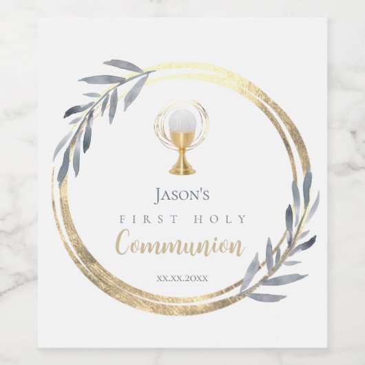 First Holy communion dusty blue faux gold foil   ワインラベル (シングルラベル)