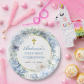 First Holy Communion Dusty Blue Floral ペーパープレート (パーティー)