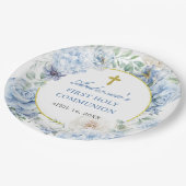 First Holy Communion Dusty Blue Floral ペーパープレート (アングル)