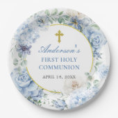 First Holy Communion Dusty Blue Floral ペーパープレート (正面)