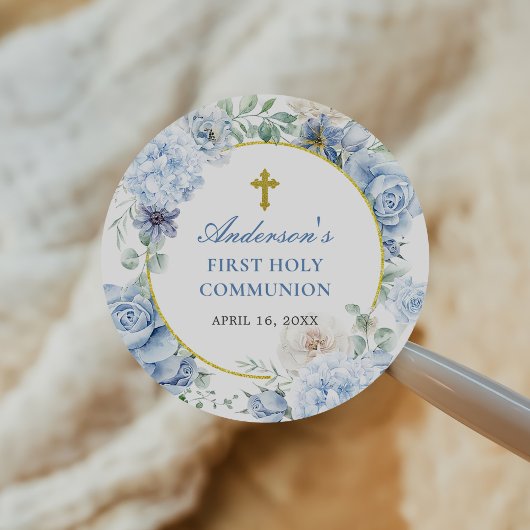First Holy Communion Dusty Blue Floral ラウンドシール