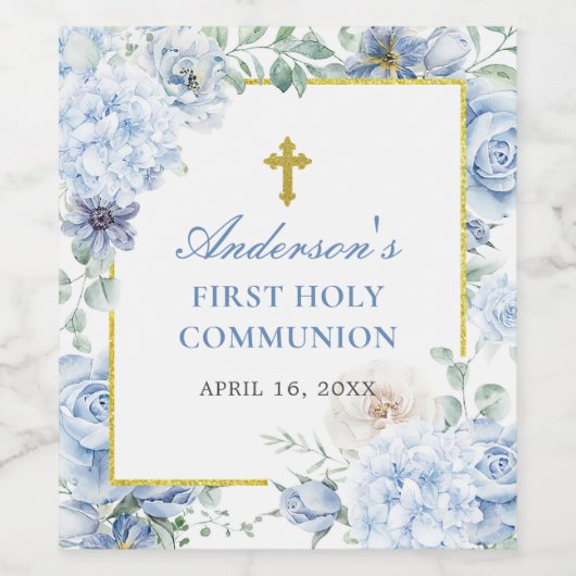 First Holy Communion Dusty Blue Floral ワインラベル (シングルラベル)
