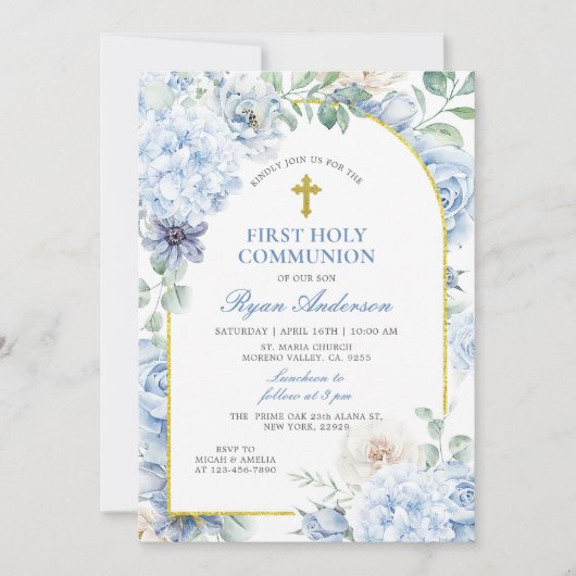 First Holy Communion Dusty Blue Floral 招待状 (正面)