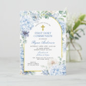 First Holy Communion Dusty Blue Floral 招待状 (スタンド正面)