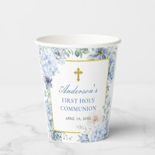 First Holy Communion Dusty Blue Floral 紙コップ (裏面)