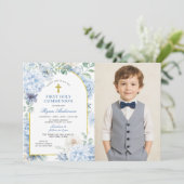 First Holy Communion Dusty Blue Floral Photo 招待状 (スタンド正面)