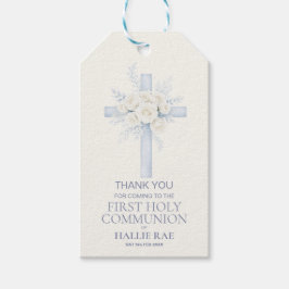 First Holy Communion Favor Tag, Blue Floral Cross ギフトタグ