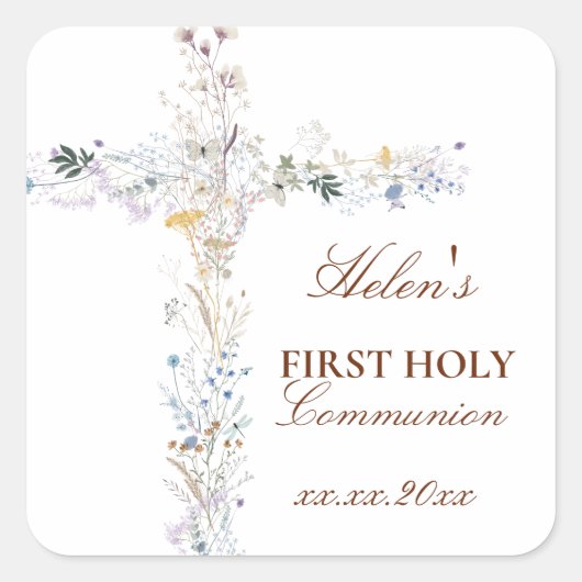 First Holy Communion floral cross スクエアシール (正面)