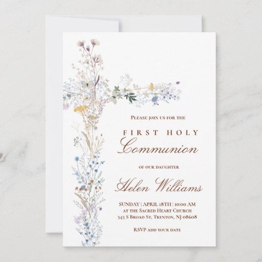 First Holy Communion floral cross 招待状 (正面)