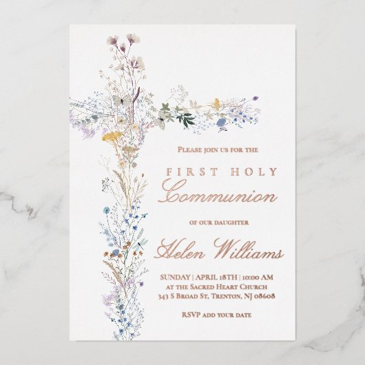 First Holy Communion floral cross 箔招待状 (正面)