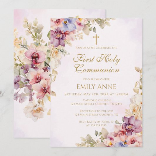 First Holy Communion Floral Orchids Invitation 招待状 (正面/裏面)
